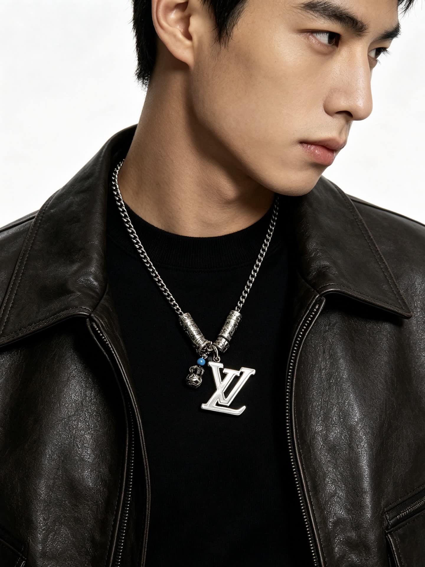 Louis Vuitton Silver Tone Chain Necklace with LV Logo and Charms
